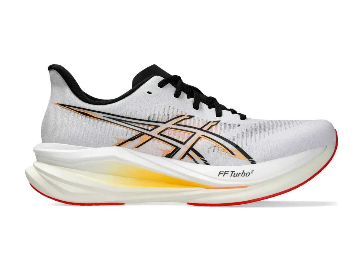 ASICS Sonicblast 2 running shoe in white with orange and yellow accents, side view
