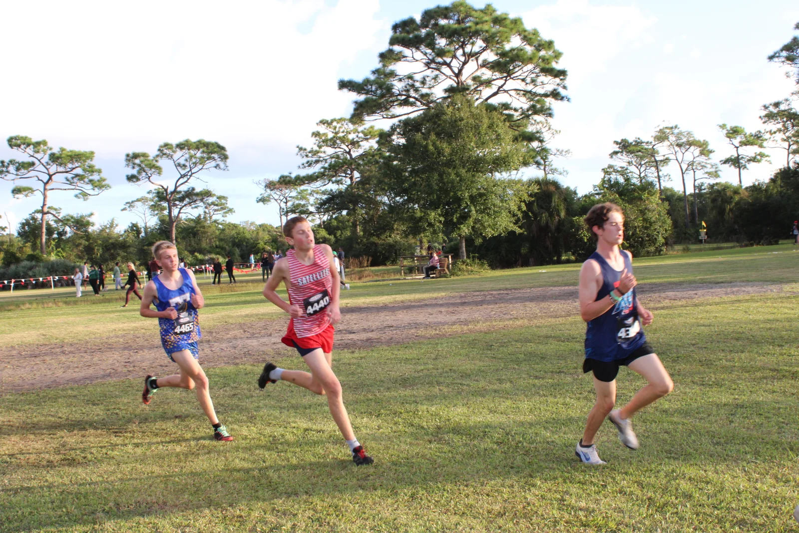 Three boys mid-race on the grass at Wickham Park, a Satellite runner in a red and white striped singlet between runners in blue and navy singlets