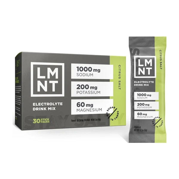 LMNT Citrus Salt electrolyte drink mix 30-count box and stick pack