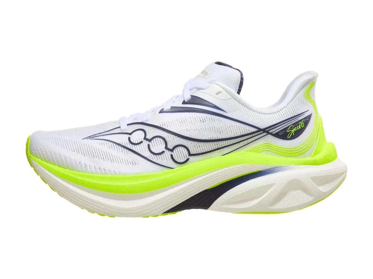 Saucony Endorphin Speed 6 running shoe in white with a neon yellow midsole, side view